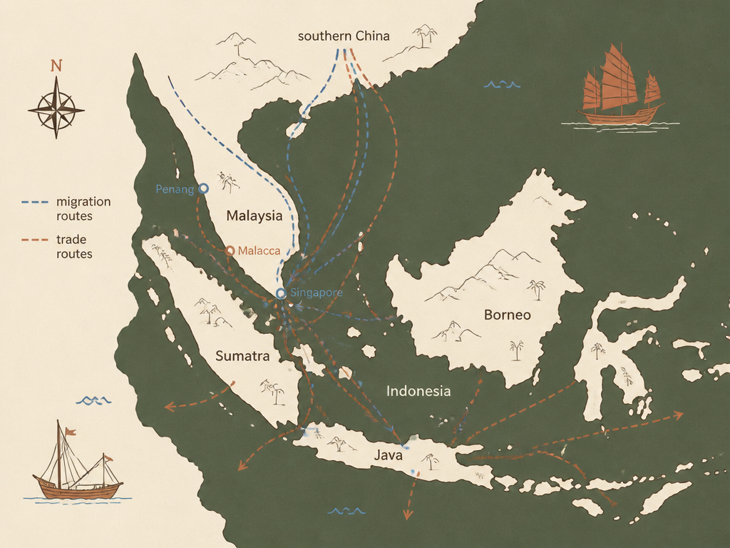 A portrait map illustration of Malaysia, Singapore, and Indonesia showing dotted migration and trade routes from southern China into the Straits